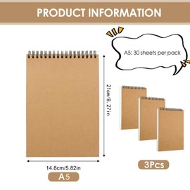 3 Pieces A5 Sketchbook, 30 Sheets/60 Pages, Acid Free Paper (120 GSM), Kraft Paper Drawing Pad with Spiral Bound, Sketch Pads for Drawing and Sketching, Artist and Student Supplies