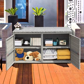 Happygrill Outdoor Storage Box 88 Gallon Wicker Storage Bin Deck Box Cabinet w/Steel Frame, Deck Storage Container w/ Shelf for Toys Furniture Tools in Garden Balcony Porch Yard