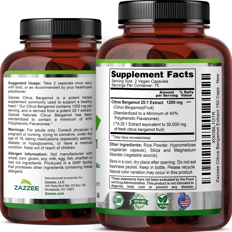 Zazzee Citrus Bergamot 25:1 Extract 1200 mg, 40% Polyphenolic Flavanones,