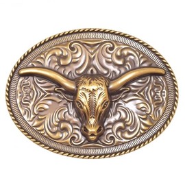 Kalerona Vintage Cowboy Belt Buckle - Oval Antique Bronze Alloy with 3D Bull Head - Western Style Buckle for Men & Women