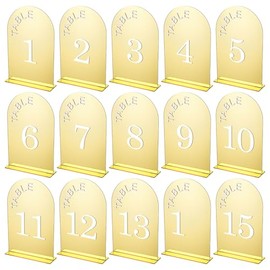 15 hermosos números de mesa de boda dorados del 1 al 15 con soportes, elegantes carteles acrílicos de doble cara de 5 x 7 pulgadas, numerados, la decoración perfecta para tu recepción de boda o
