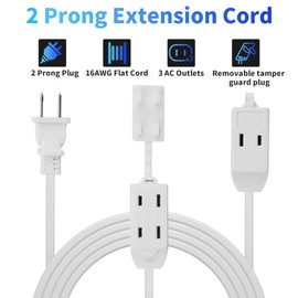Cable de extensión de 2 clavijas de 15 pies, cable de alimentación extra largo con 3 tomacorrientes, cable plano de salida múltiple con protector de manipulación, listado ETL, interior, blanco -15 pies
