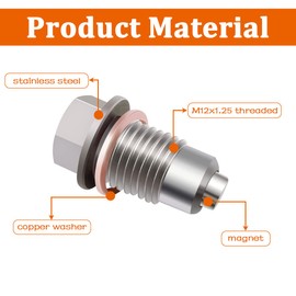 Aienxn M12 x 1.25 Magnetic Oil Drain Plug,Stainless Steel Oil Drain Plug Sump Drain Nut Bolt with Copper Gasket Crush Washer Replacement for M12×1.25 Models Q-011