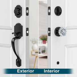 Calzibeno Black Front Door Handle and Deadbolt Set, Front Door Lock Set with Crystal Glass Door Knob, Entry Door Lock Set with Single Cylinder, Reversible for Right & Left, Matte Black