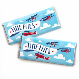 Big Dot of Happiness Taking Flight - Airplane Candy Bar Wrapper Vintage Plane Baby Shower or Birthday Party Favors Set 24