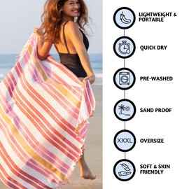 Folkulture Turkish Beach Towel for Adults with Beach Bag 40" x 72" Bath Towels, Beach Blanket or Oversized Sand Resistant Beach Towels, 100% Cotton Fast Drying, Lightweight and Large, (Sunset)