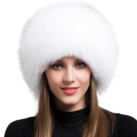 Women Real Fox Fur Hat Winter Thick Warm Luxury Pelt Furry Hats Fluffy Cap Fashion Natural with Tail Pompom (US, Numeric, 5 7/8, White)