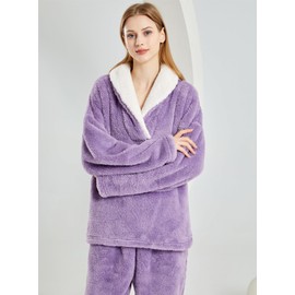VELISDE Women Fluffy Pajamas Set Fleece Lounge Set Pullover Pants 2 Piece Loungewear Sleepwear Winter Warm Pj Loose Plush (Purple,XL)