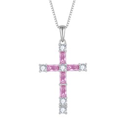 Lwsary October Birthstone Cross Necklace 925 Sterling Silver Pink Tourmaline Necklace Crucifix Christian Religious Pendant Rectangular Square Cut Cubic Zirconia Jewelry for Women