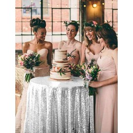 Eternal Beauty 122cm (48 inch) Round Sequin Tablecloth Wedding Party Banquet Table Cloths, Silver
