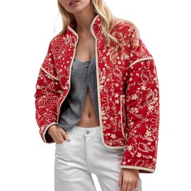 Yimoon Women's Cropped Puffer Quilted Jacket Vintage Floral Print Open Front Lightweight Short Jacket Outwear (RedFloral-XS)