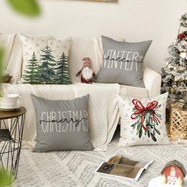 AVOIN colorlife Merry Christmas Tree Hello Winter Throw Pillow Covers, 20 x 20 Inch Mistletoe Pine Spruce Holiday Cushion Case Decoration for Sofa Couch Set of 4