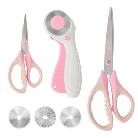 MANUFORE Pink Dressmaking Scissors Rotary Cutter Set with Multi-Purpose Fabric Scissors Soft Handles 26 cm + 14 cm and 45 mm Rotary Cutter with Three Replacement Round Blades for Fabric, Paper,