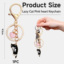 GlamRays Lazy Cat Pink Heart Keyring Funny Cartoon Kitten Cute Key Ring for Animal Key Ring Girls Birthday, black