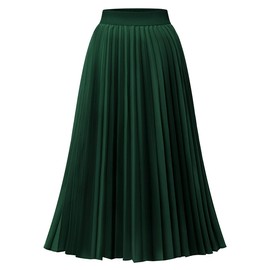 DRESSTELLS Pleated Midi Skirts for Women, Aline Long High Elastic Waisted Summer Flowy Chiffon Swing Skirt, Darkgreen, Large