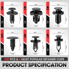 DNA MOTORING 200pcs Car Push Retainer Clips Bumper Clips, Universal Sizes Plastic Push Panel Fender Clip, Bumper Fender Rivets, TOOLS-00737