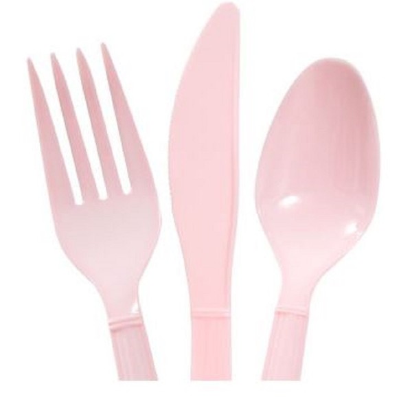 Heavy Duty Plastic Cutlery Set in Pink - 32 Spoons, 32 Forks, 32 Knives