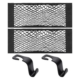 HDGSAFD 2 Pieces Car Mesh Bag, 2 Pieces Chair Back Hooks, RV Storage Net, Car Seat Organiser, Car Storage Mesh Bag