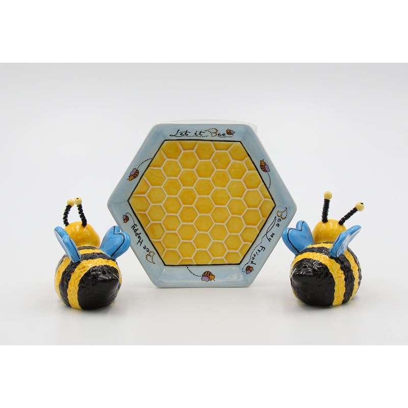 Appletree 2-Inch Ceramic Bee Salt and Pepper with Honeycombed Tray,
