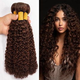 Color 4 Bundles Human Hair Dark Brown Deep Curly Weave Bundles Chocolate Brown Kinky Curly Hair Bundles Brazilian Human Hair Wet and Wavy Bundles Silky Soft for Black Women 22 24 26 inch