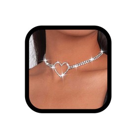 EARENT Rhinestone Choker Necklaces Silver Heart Choker Necklace for Women