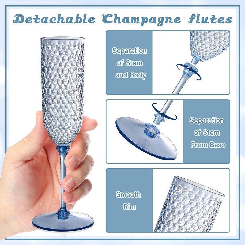 XUWAIDSGN 24 Pack Blue Detachable 2 piece Champagne Flutes 5.5