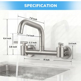 HURRAN 8 Inch Center Wall Mount Kitchen Sink Faucet with 8" Swing Spout, Commercial Sink Faucet, Brushed Nickel Utility 2 Handles Commercial Faucet for Kitchen, Laundry Room, Restaurant