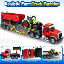 Bstoyder Toddler Boy Toys for 3 4 5 6 7 Years Kids, 21" Semi Flatbed Truck Toy with a Farm Truck, Friction Powered Vehicles Toys with Lights and Sounds, Birthday for Boy Girls