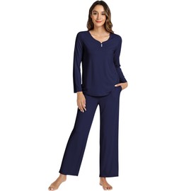 NACHILA Women's Pajamas-Viscose Made from Bamboo, Long Sleeve Pajama Set Comfy Sleepwear Pants with Pocket Soft V Neck Pjs Navy Blue X-Large