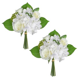 Hollyone 2 Bundles Artificial Hydrangea Bouquet White with Fake Roses Flowers Spring Summer Silk Flowers Mixed Bush for Cemetery Grave Party Wedding Floral Arrangements Office Home Decor