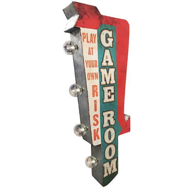 Game Room Sign, Illuminated By Battery Powered Large LED Lights, Double Sided Metal Tin Marquee Display, Wall Decor Designed To Have A Distressed Finish