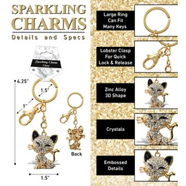 Aqua79 Happy Cat Keychain - Gold 3D Sparkling Charm Rhinestones Fashionable Stylish Metal Alloy Durable Key Ring Bling Crystal Jewelry Accessory with Clasp