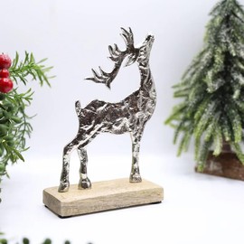 Fyne-Finds Silver Aluminium Deer Antler Scene 18.5cm Christmas Xmas Gift Home Decor Stag On Wooden Base Ornament