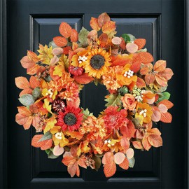 26 Inch Fall Wreaths for Front Door– Large Autumn Harvest Wreath with Sunflower, Pumpkins, Berries and Eucalyptus, Weatherproof Seasonal Decor for Thanksgiving, Halloween, Farmhouse Indoor Outdoor