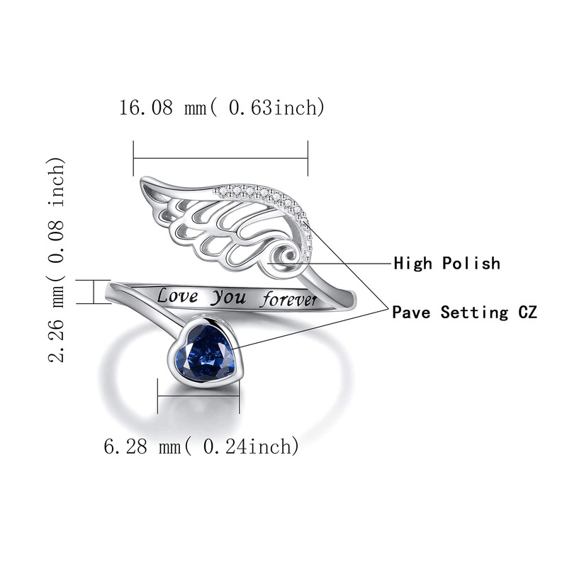 Birthstone Wing Rings Sterling Silver Adjustable Feather Heart Month Stone