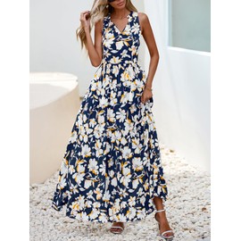 BTFBM Womens Summer Maxi Dresses 2025 Casual Sleeveless V Neck Loose Fit Floral Boho Dress Beach Long Sundress(Navy White Flower,Large)