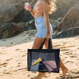 EQLEF Beach Bag with Zipper, Mesh Beach Bag for Women, Black, PVC Mesh, 50 * 35 * 15 cm, L, Outdoor Activities, Travel, Picnic, Beach