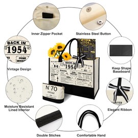 70th Birthday Gifts for Women Canvas Tote Bag Travel Gear,Unique 70 Years Old Gifts for Wife/Her/Sister/Mom/Aunt/Friends Turning 70, Vintage N°70 Beach Bag & Cosmetic Bag & Back in 1954 Poster