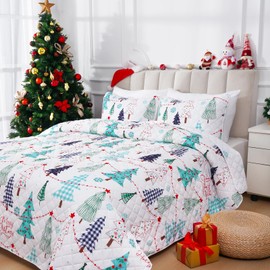 Christmas Quilt Set Queen with 2 Pillow Shams, 3 Pieces Holiday Reversible Bedding Set Christmas Trees Snowflakes Quilt Set Soft Lightweight Merry Christmas Bedspread Coverlet Set Queen 90"x90"