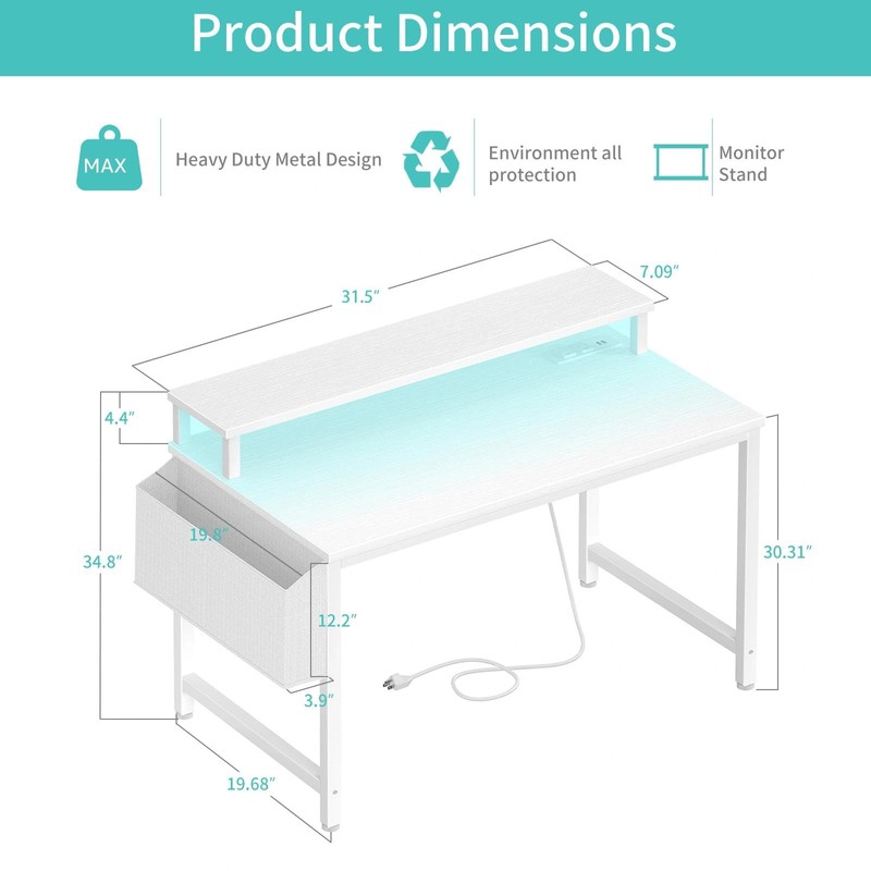 Lufeiya Small White Desk with LED Lights and Power Outlets,