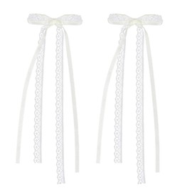 2Pcs White Lace Hair Bow Clips, Lace Hair Bow with Long Tail, Ribbon Bows for Hair, Cute Hair Ribbons, Ribbon Bows Satin Hair Clip for Hair Design