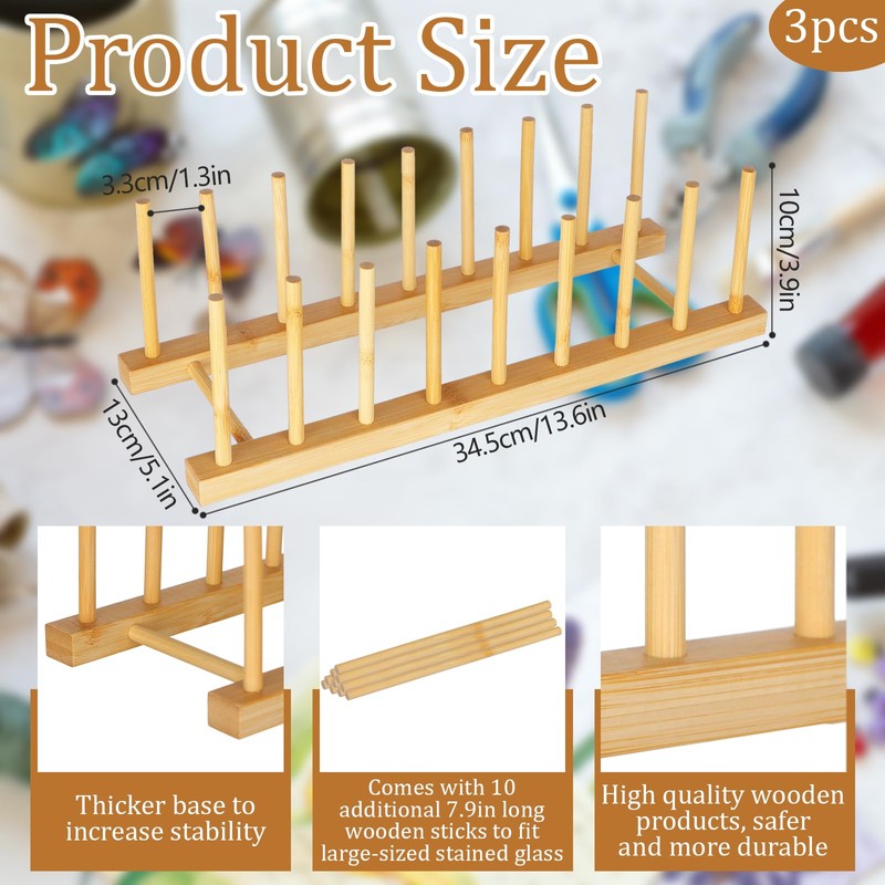 Youdaju 3Pack Stained Glass Organizer Bamboo Dish Plate Rack Wooden