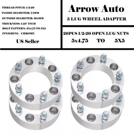 Arrow 4pcs 1.25" inch 5x4.75 to 5x5 Wheel Adapters 1/2-20" Studs 5Lug 74mm Hub