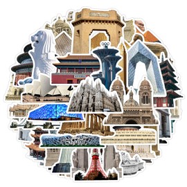 Landmark Building Stickers 50 Pcs Vinyl Trendy Travel World Building Sticker for Skateboard Water Bottle Laptop Scrapbook Car Luggage Phone Helmet,Waterproof Funny Map City Sticker for Adults Boys