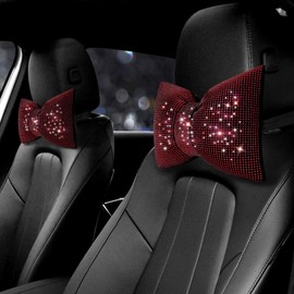 surpassme 2PCS Rhinestone Car Headrest Neck Pillow for Driving with Bling Bling Crystal Bow Pillow Car Accessories for Women (Red)