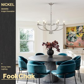 FookChak Brushed Nickel Chandelier, 6-Light Dining Room Chandelier Chrome Light Fixture Metal Candle Kitchen Chandeliers 28inch Round Chandeliers with Long Chain for Bedroom Living Room