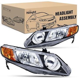 Nilight 2006 2007 2008 2009 2010 2011 Civic Headlights Amber Sedan 4 Door Only Headlights Assembly Headlamp Replacement,Driver and Passenger Side,Black Housing Amber Reflector
