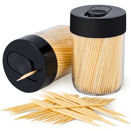 Urbanstrive Sturdy Safe Toothpick Holder with 800 Natural Wood Toothpicks for Teeth Cleaning, Unique Home Design Decoration, 2 Pack (Black)