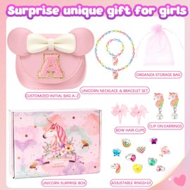 Klorify Little Girl Purse Gifts with Unicorn Costume Jewelry, 18PCS Birthday Gift Toys for Girls Kids Toddler, Initial Purses, Necklace, Bracelet, Adjustable Rings, Clip On Earrings, Hair Clips - A