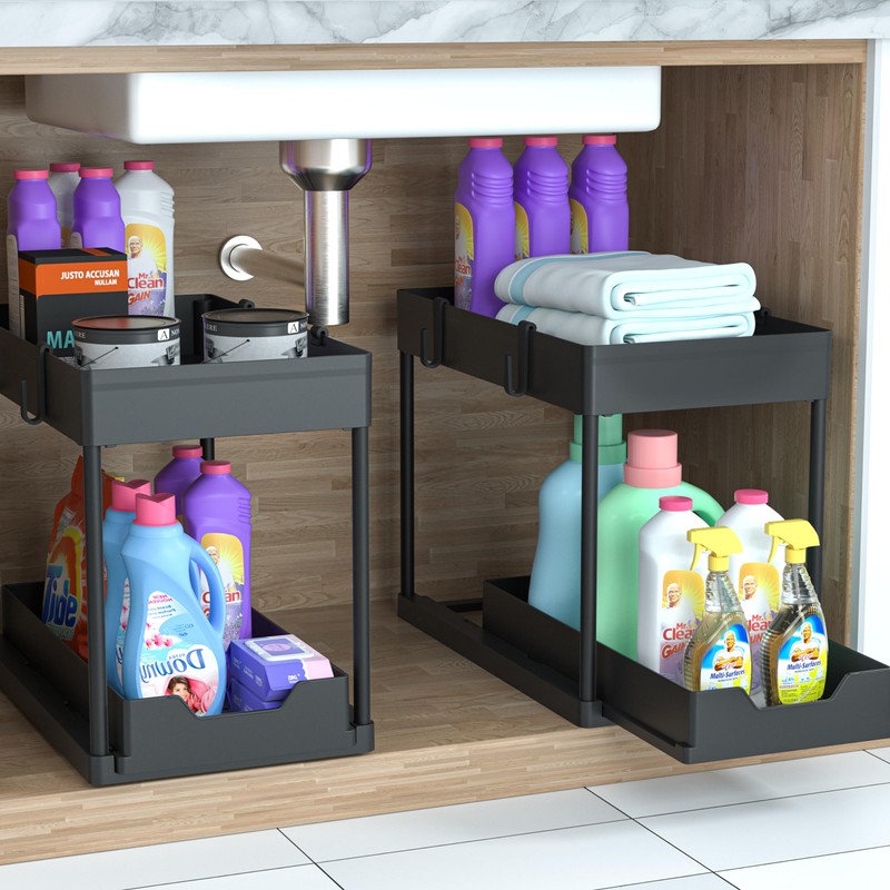 petisal Under Sink Organizer -2 PACK|Pull Out Bathroom Organizer|2 Tier